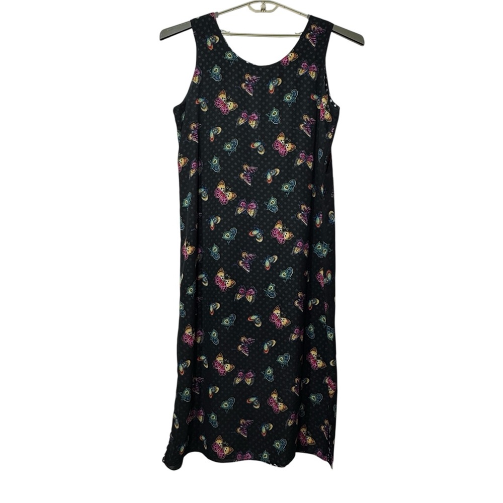 Womens Maxi Dress Size 16 Reversible Black Butterflies Polka Dots Polyester